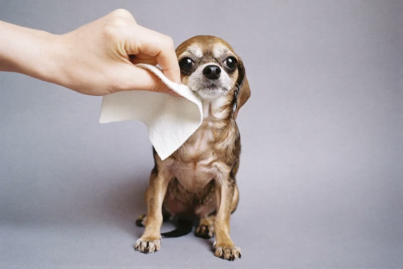 A small damp dog being towel-dried by hand