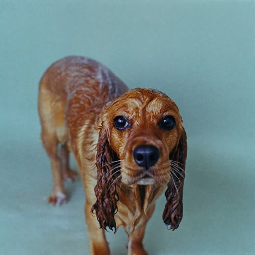 A wet spaniel being bathed and shampooed